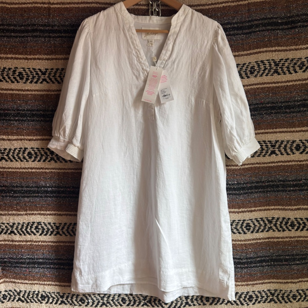 NWT Lilly Pulitzer Mialeigh Linen Dress Women 10 Resort White Lagoon Puff Sleeve